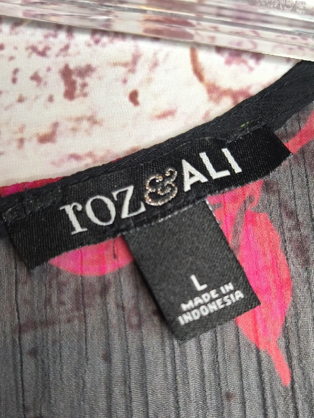 Black Fuchsia Floral Roz & Ali Large Round Neck Long Sleeve Light Weight - Picture 3 of 5